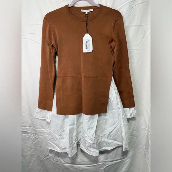 English Factory Mixed Media Mini Dress Brown White Size S NWT MINOR FLAW SEE PHO - Picture 2 of 7